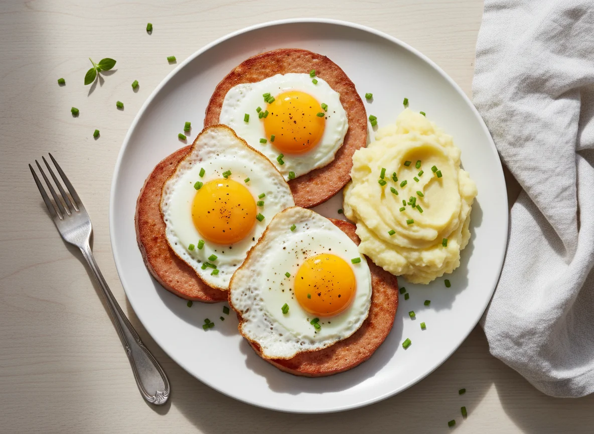 Leberkäse mit Spiegelei und Kartoffelpüree photo