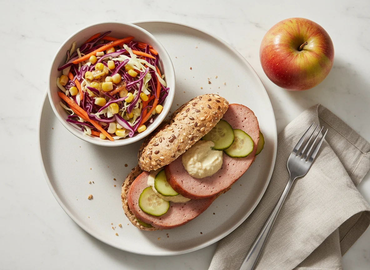 Leberkäsebrötchen mit Beilagensalat und Apfel photo