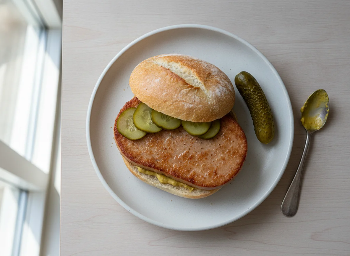 Leberkäsebrötchen mit Gewürzgurke photo