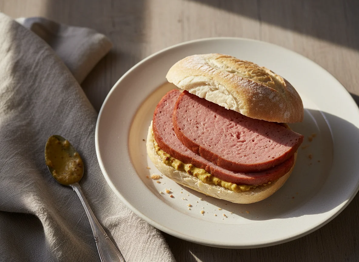 Leberkäsebrötchen mit Senf photo