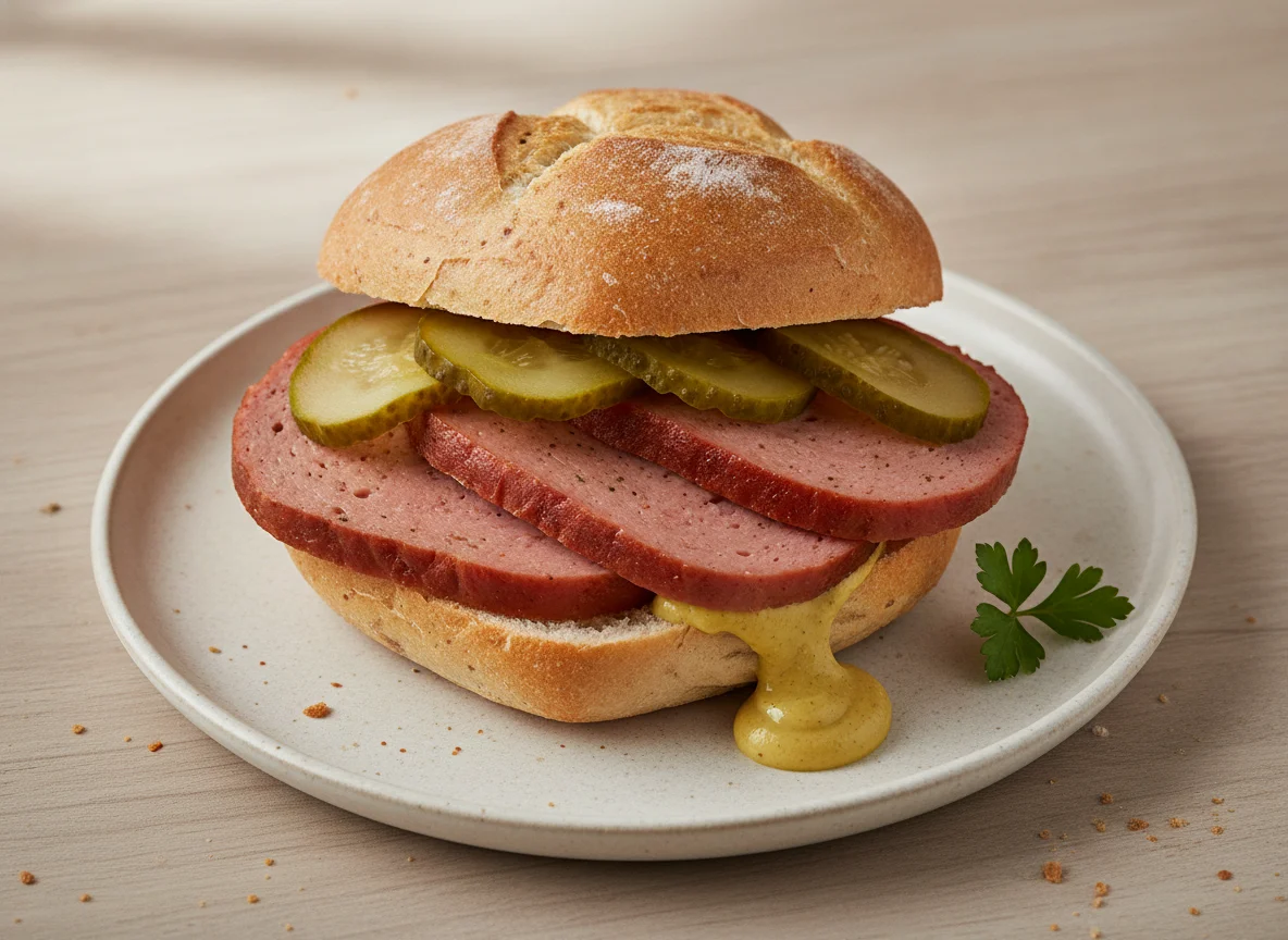 Leberkäsesemmel mit Essiggurke photo