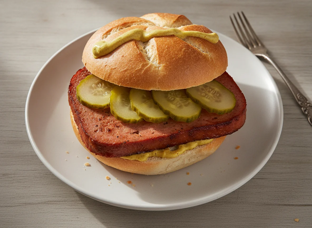 Leberkäsesemmel mit Essiggurken photo