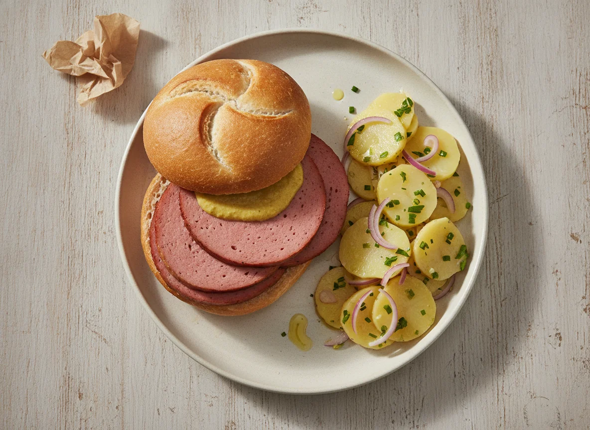 Leberkäsesemmel mit Kartoffelsalat photo