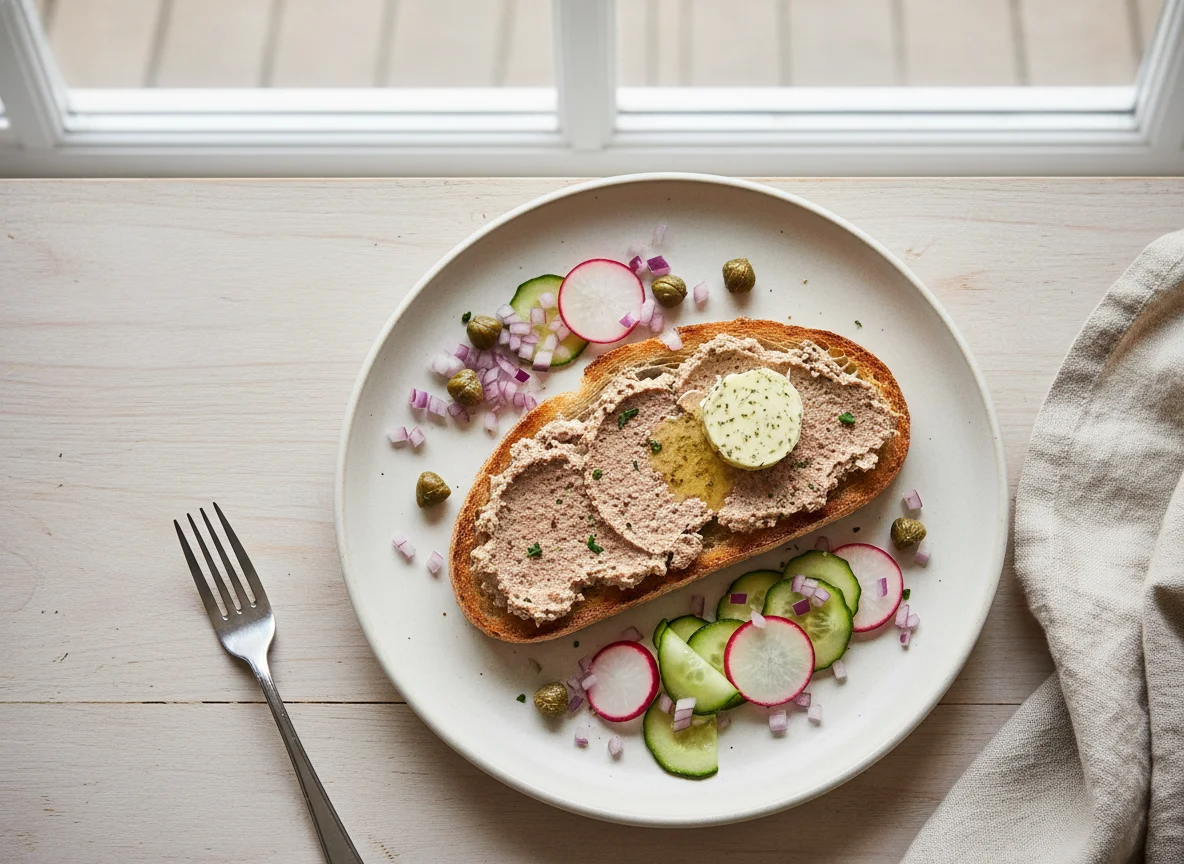 Leberwurstbrot mit Beilagen photo