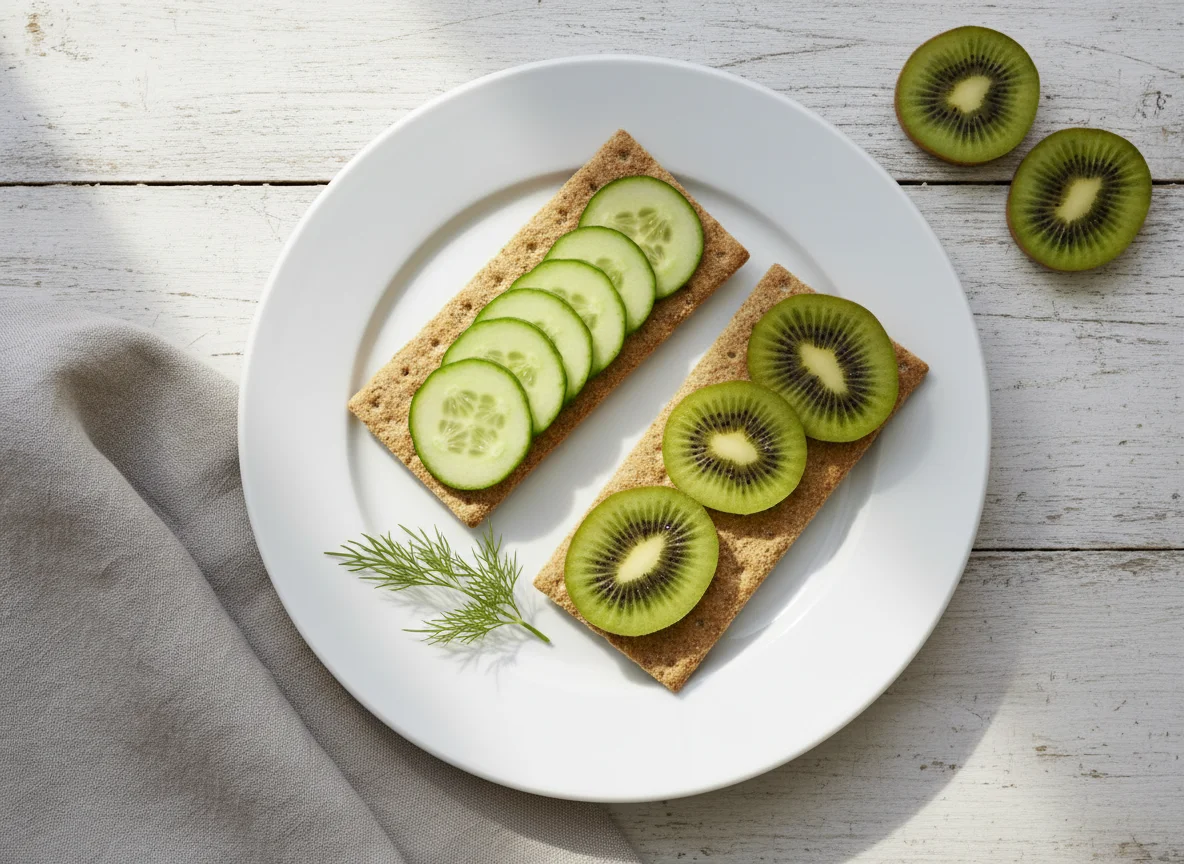 Leichter Snack mit Knäckebrot, Gurke und Kiwi photo
