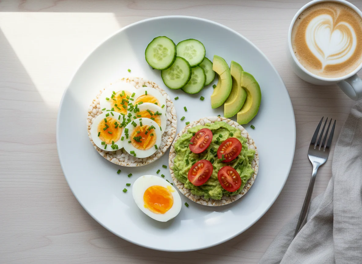 Leichter Snack mit Reiswaffeln, Ei und Avocado photo