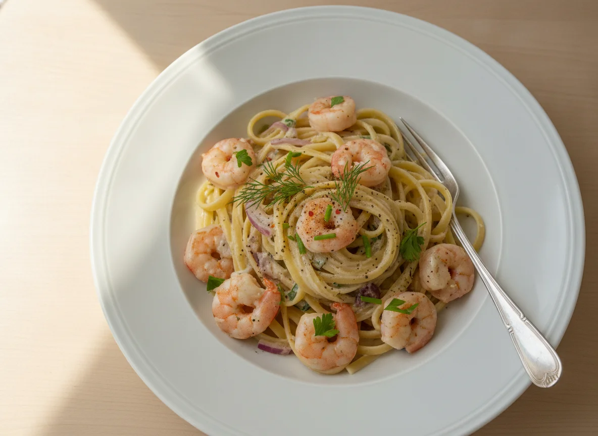 Linguine mit Garnelen in Sahnesauce photo