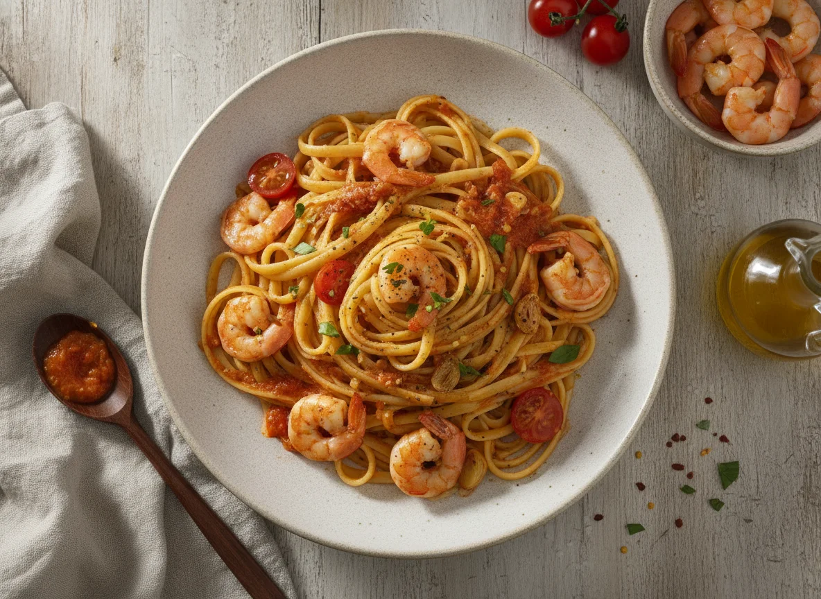Linguine mit Garnelen in Tomaten-Sahnesauce photo