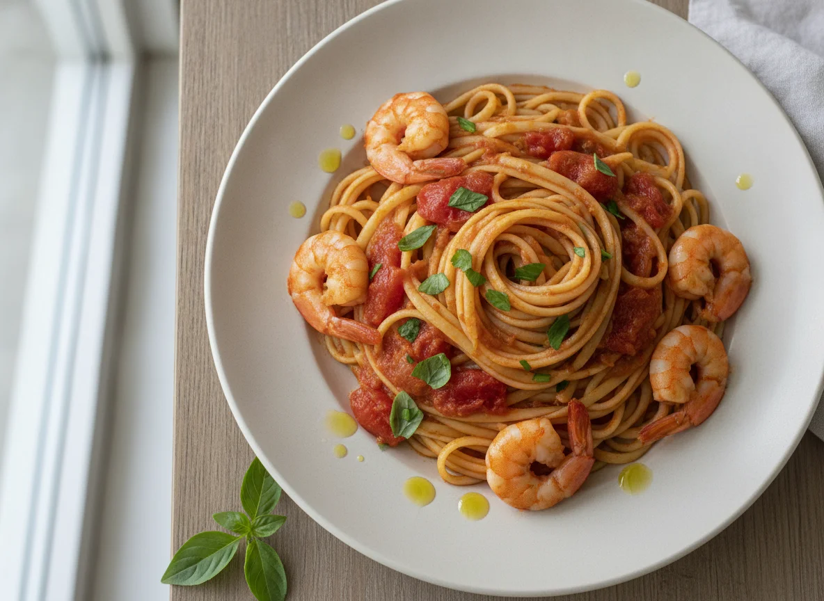 Linguine mit Garnelen in Tomatensauce photo