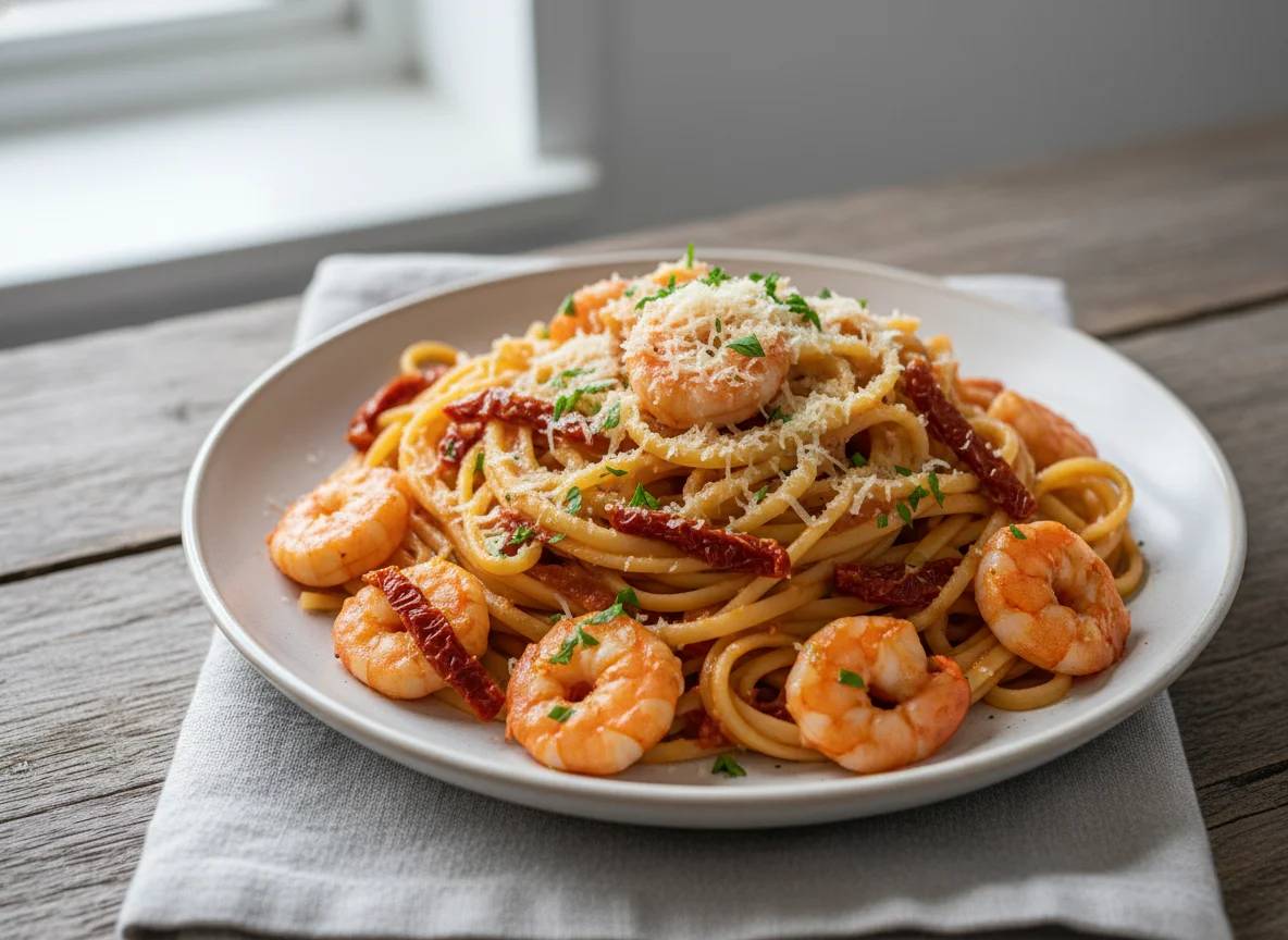 Linguine mit Garnelen und cremiger Tomatensauce photo