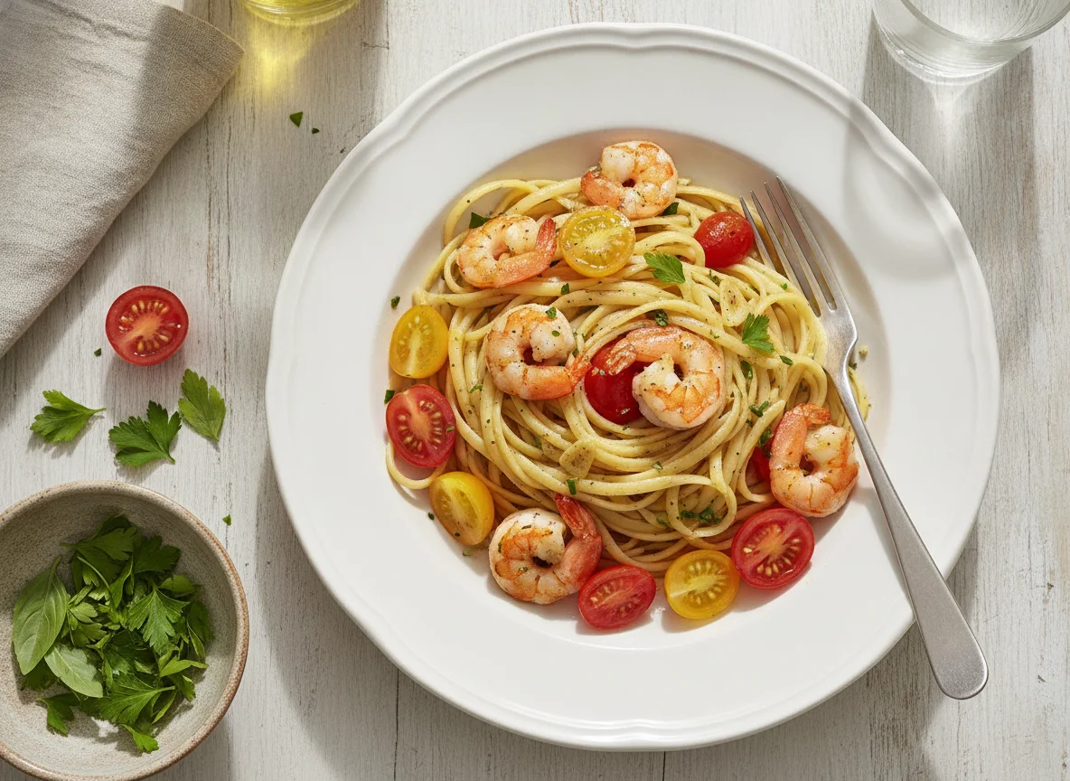 Linguine mit Garnelen und Kirschtomaten photo