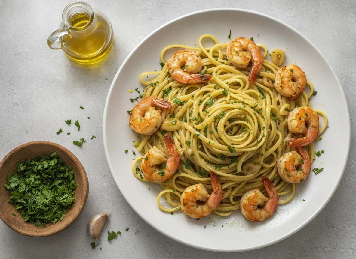 Linguine mit Garnelen und Knoblauch-Öl-Sauce photo