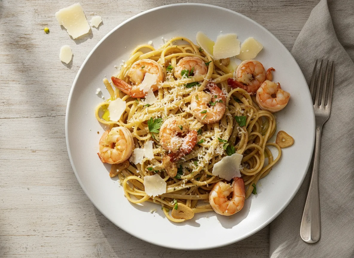Linguine mit Garnelen und Parmesan photo