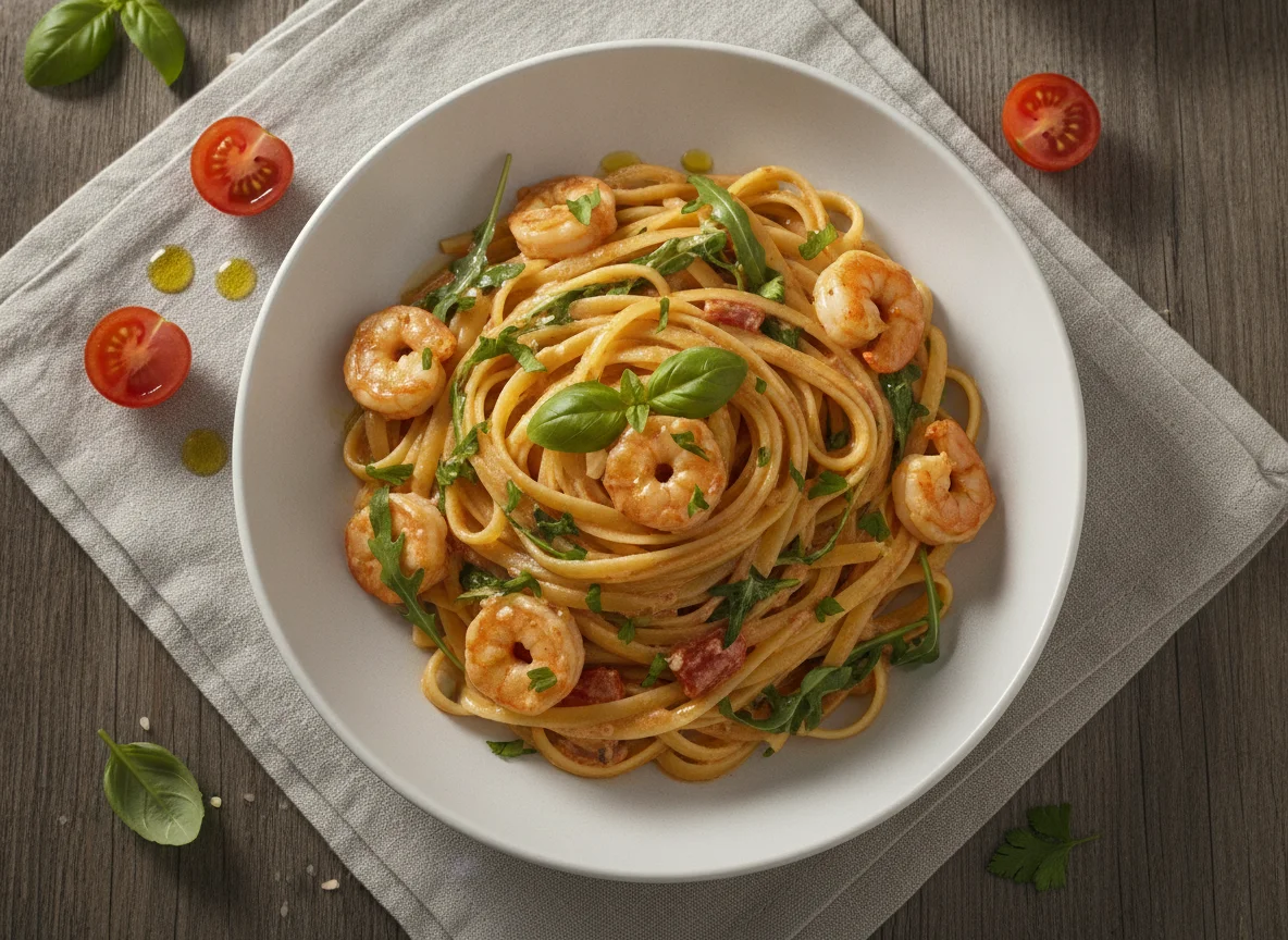 Linguine mit Garnelen und Rucola photo