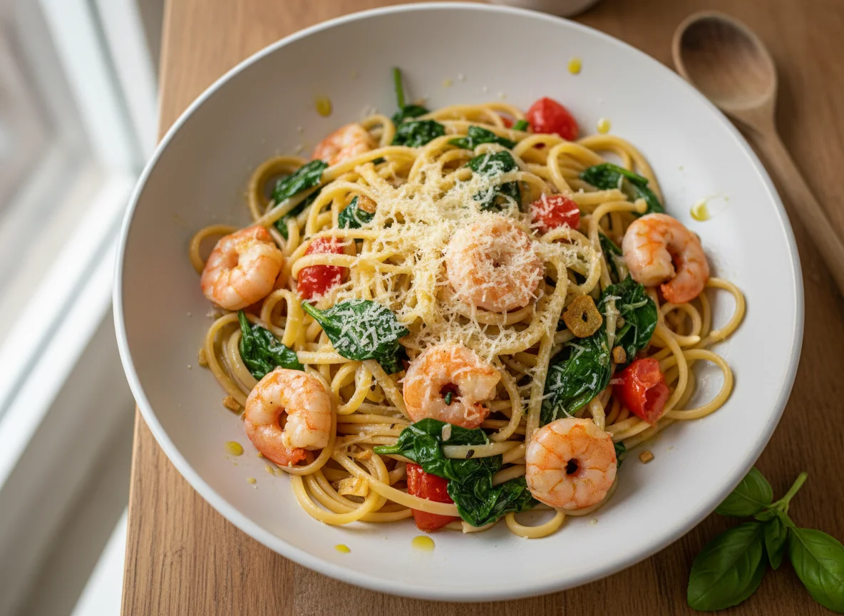 Linguine mit Garnelen und Spinat photo