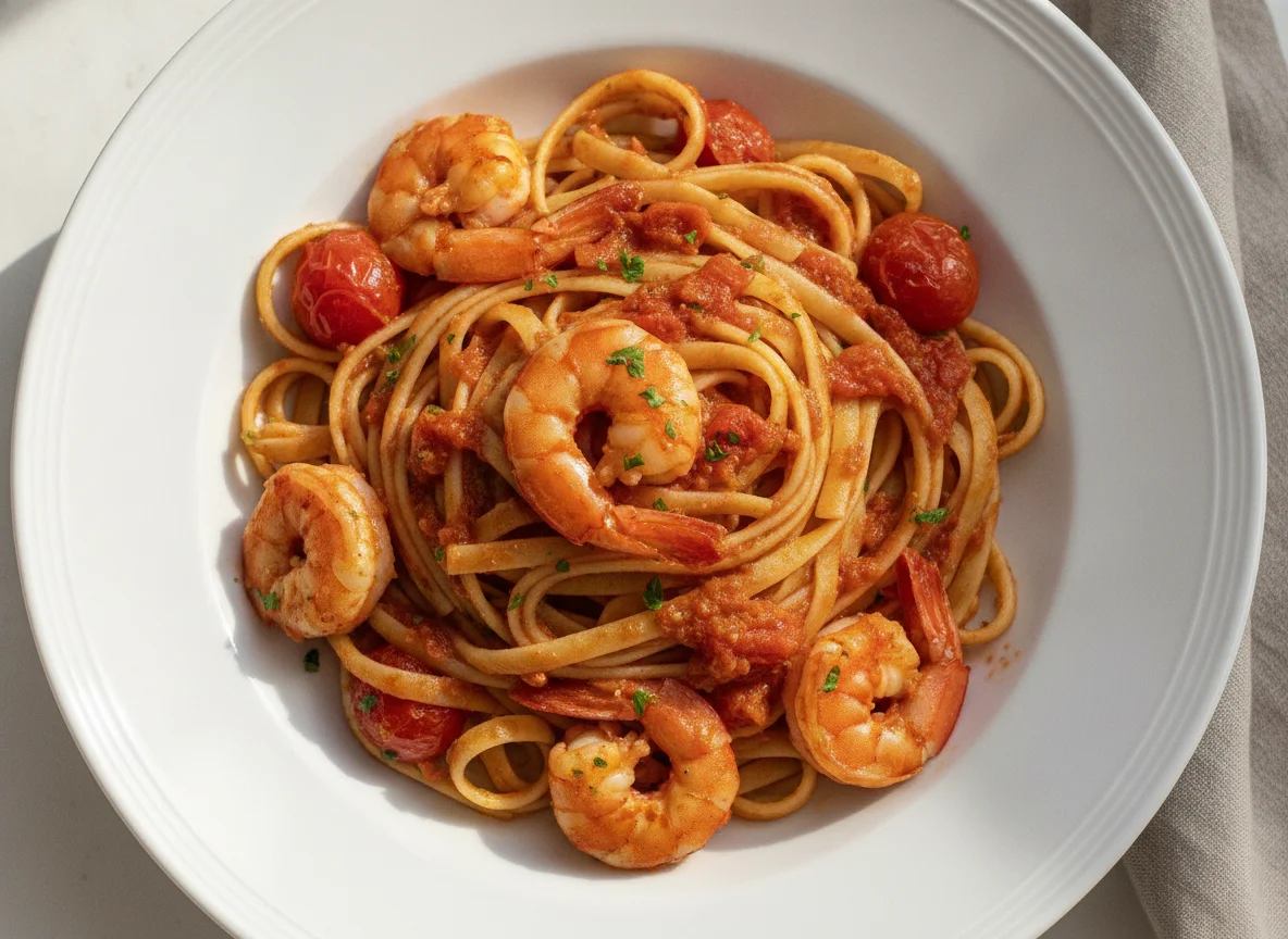 Linguine mit Garnelen und Tomatensauce photo