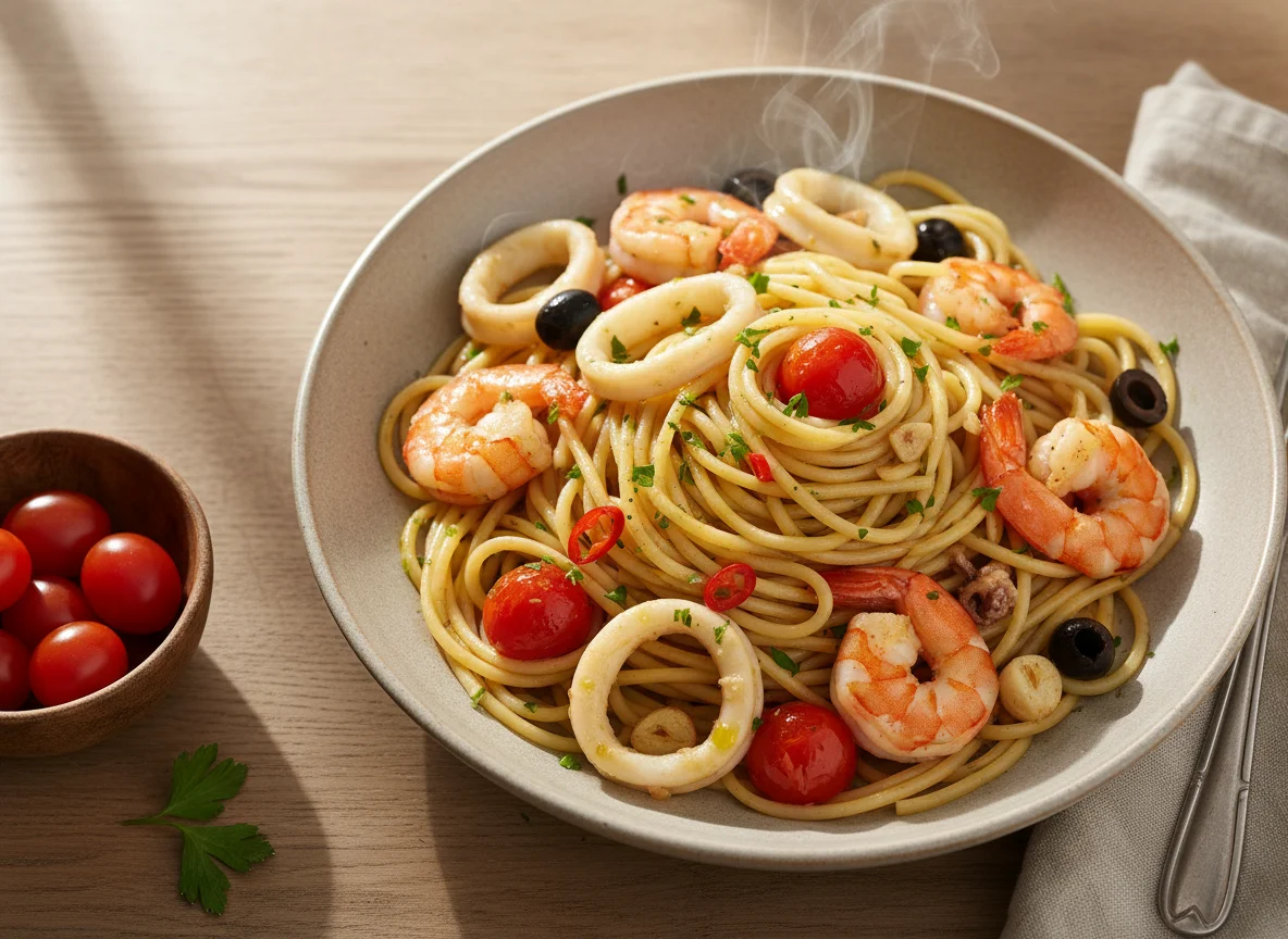 Linguine mit Meeresfrüchten und Tomaten photo