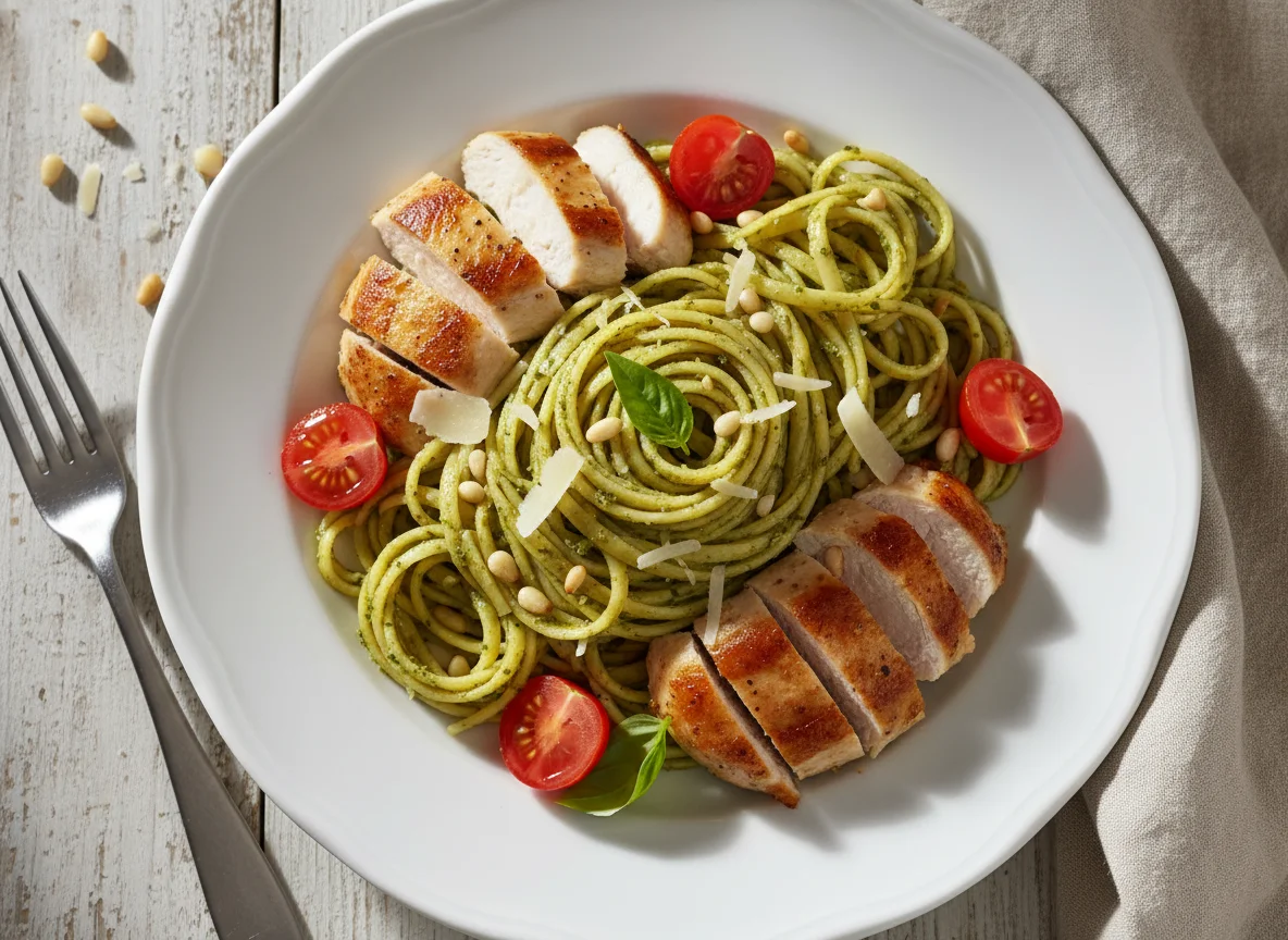 Linguine mit Pesto, Hähnchenbrust und Kirschtomaten photo