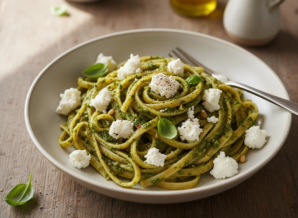 Linguine mit Pesto und Feta photo