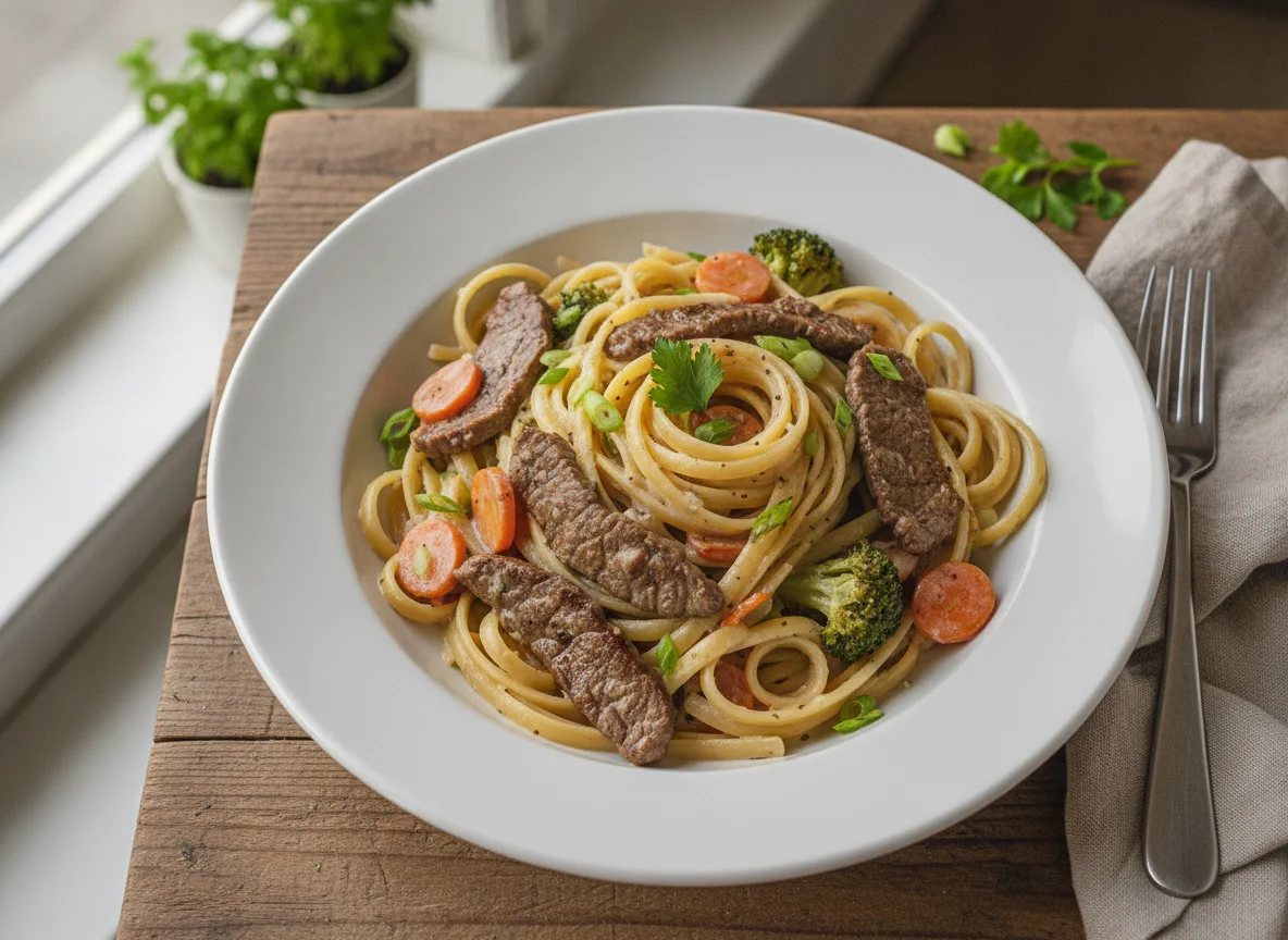 Linguine mit Rindfleisch und Gemüse in Sahnesauce photo