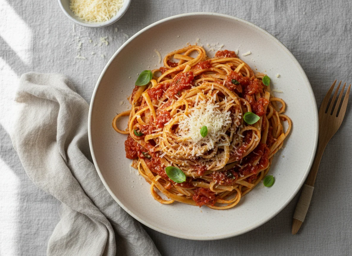 Linguine mit Tomatensauce und Parmesan photo