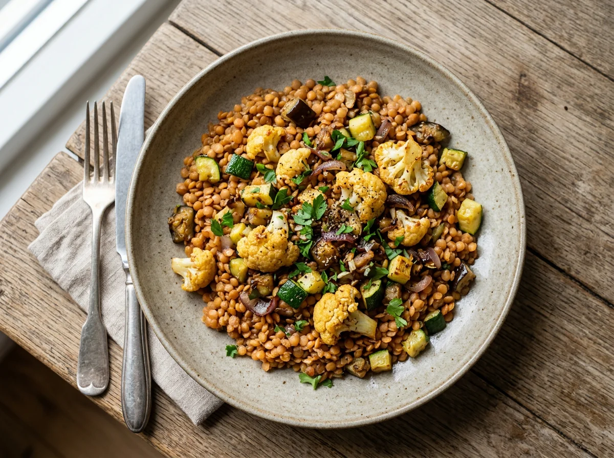 Linsen mit gebratenem Gemüse photo