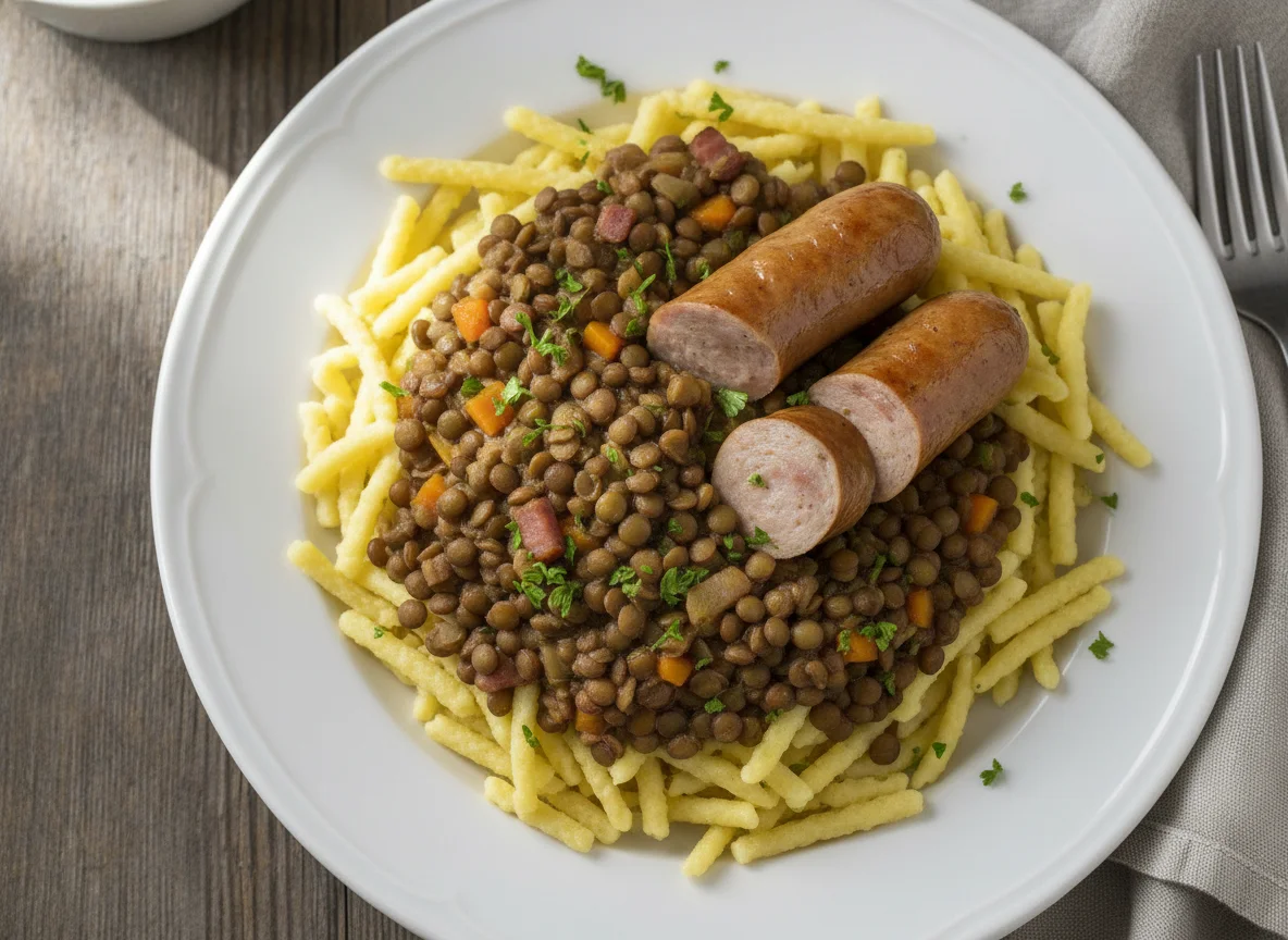 Linsen mit Spätzle und Saitenwürstle photo