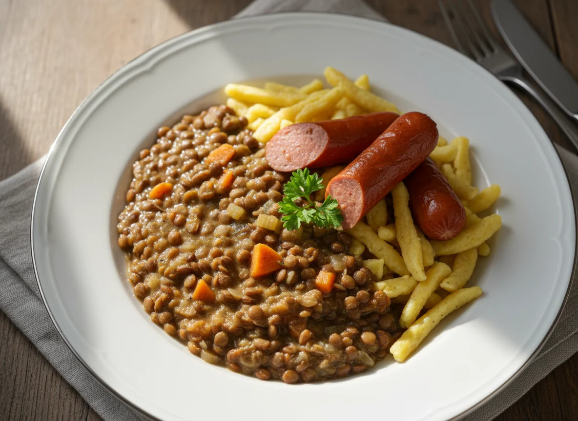 Linsen mit Spätzle und Wiener Würstchen photo