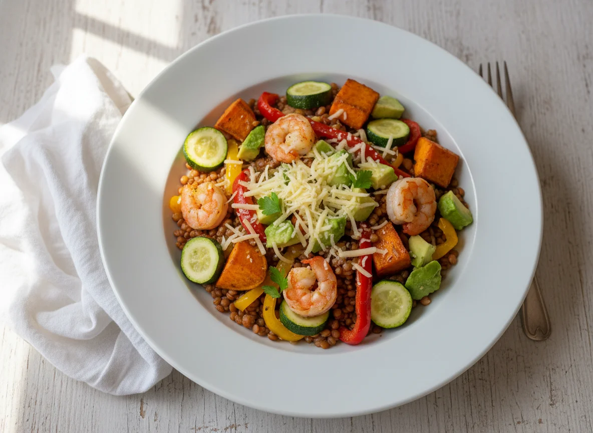 Linsen mit Zucchini, Paprika und Shrimps und Süßkartoffel photo