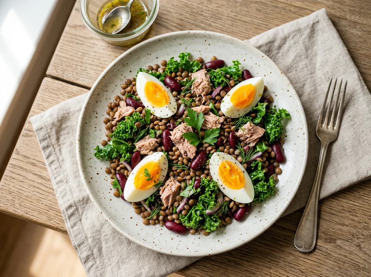 Linsen-Bohnen-Salat mit Ei und Thunfisch photo