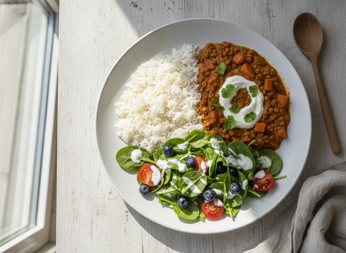 Linsen-Curry mit Reis und Salat photo