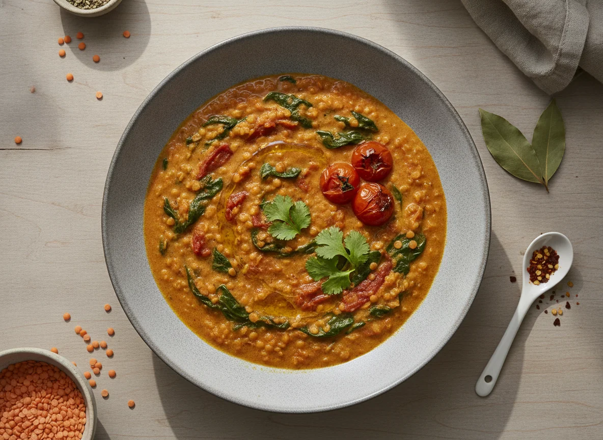 Linsencurry mit Spinat photo