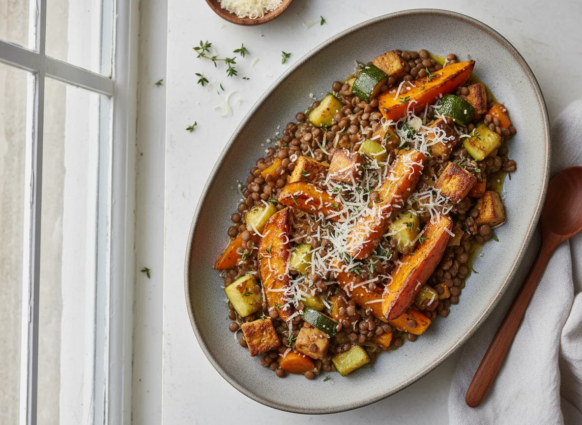 Linsendaal mit Zucchini, Tofu, Süßkartoffel, Möhre und Parmesan photo