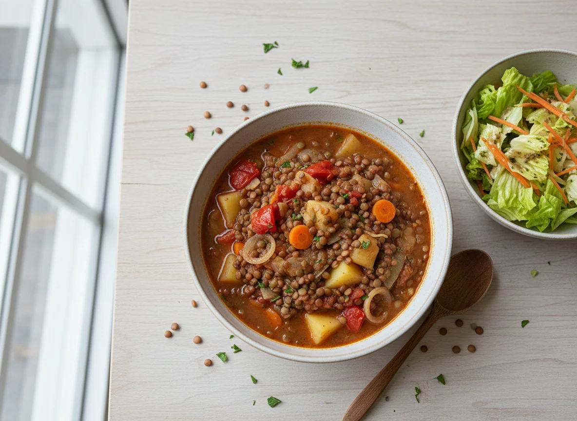 Linseneintopf mit Beilagensalat photo