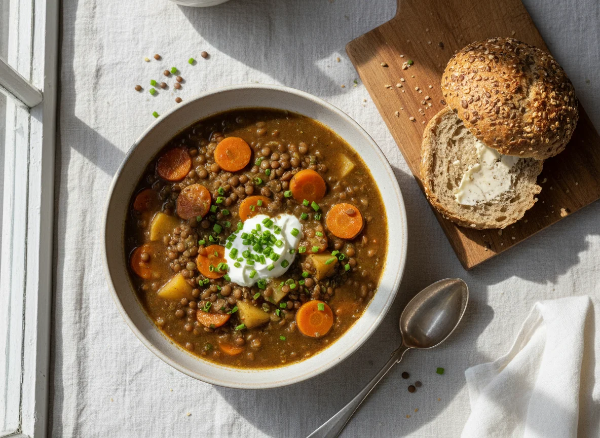 Linseneintopf mit Brötchen photo