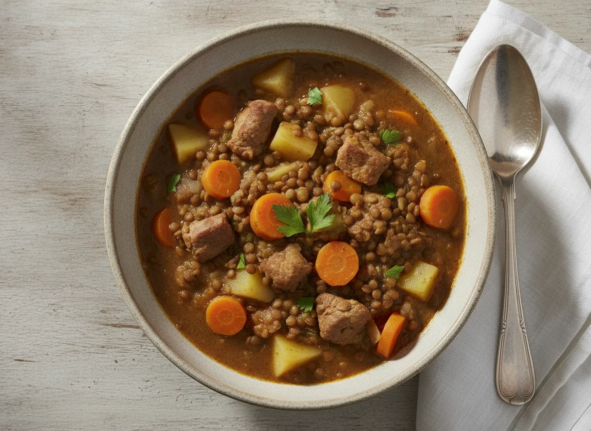 Linseneintopf mit Fleisch und Gemüse photo