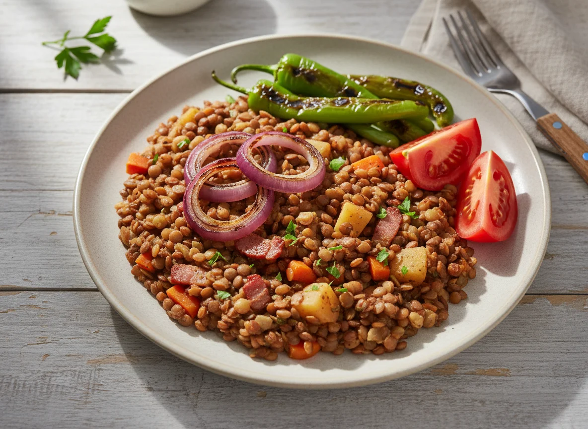 Linseneintopf mit gegrilltem Gemüse photo