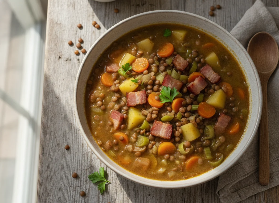 Linseneintopf mit Gemüse und Kartoffeln photo