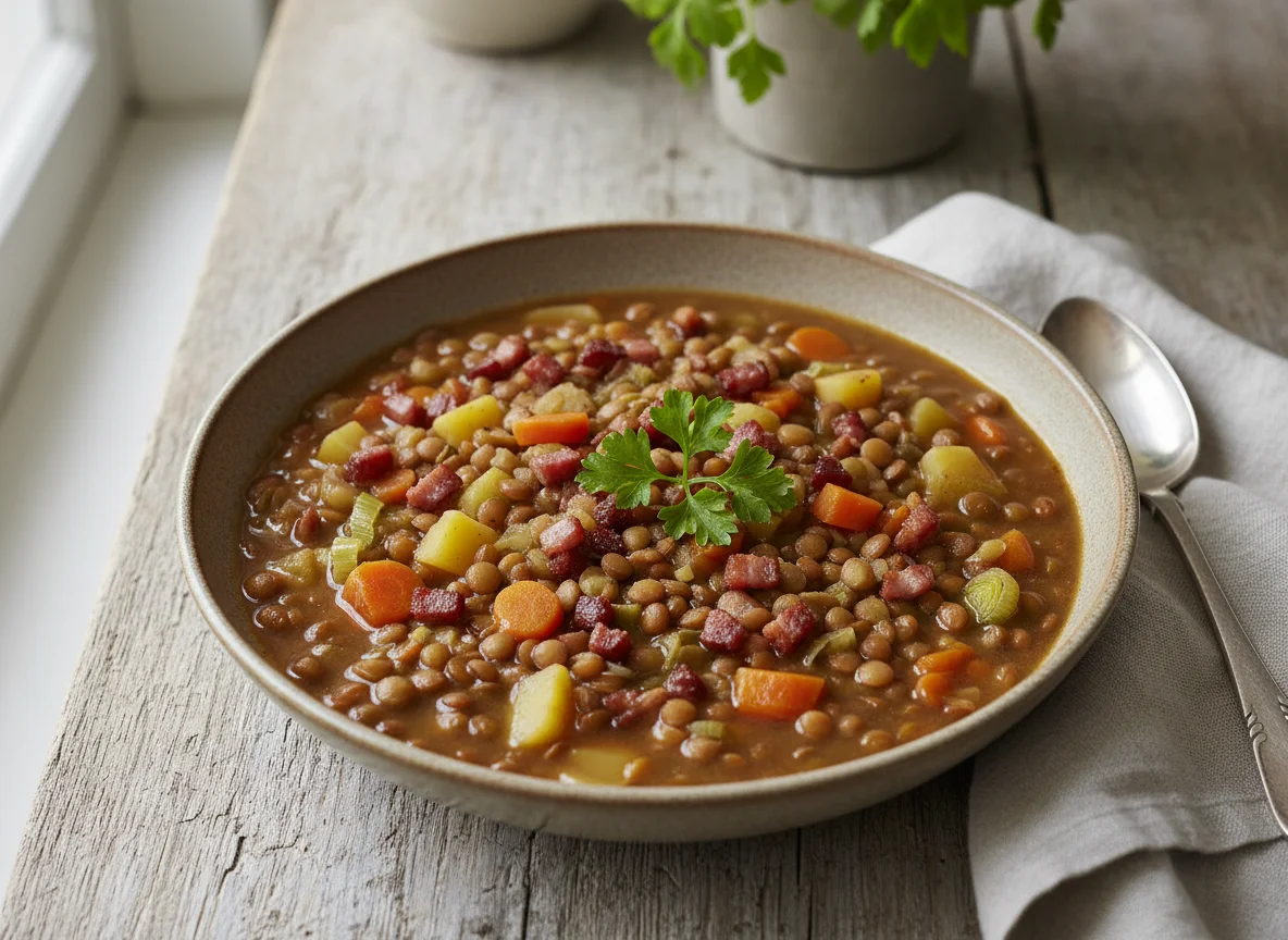 Linseneintopf mit Gemüse und Speck photo