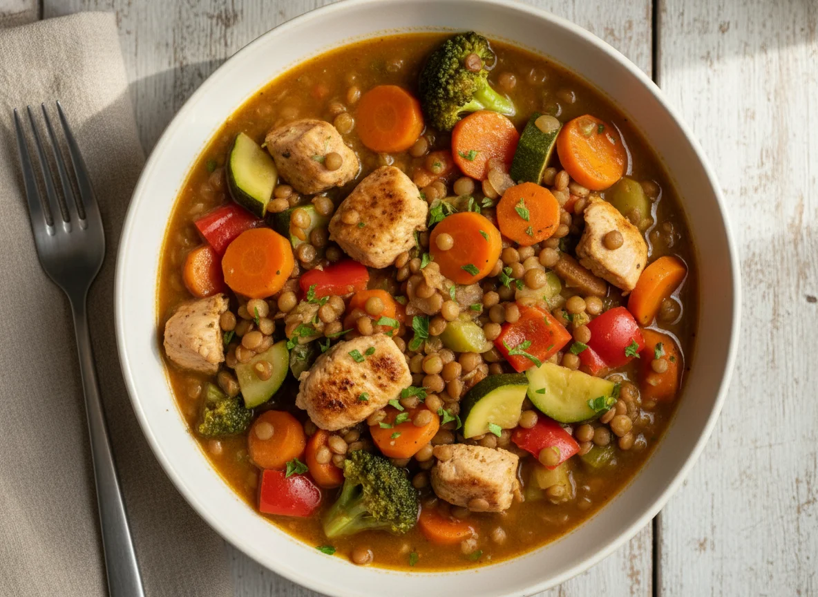 Linseneintopf mit Hähnchen und Gemüse photo