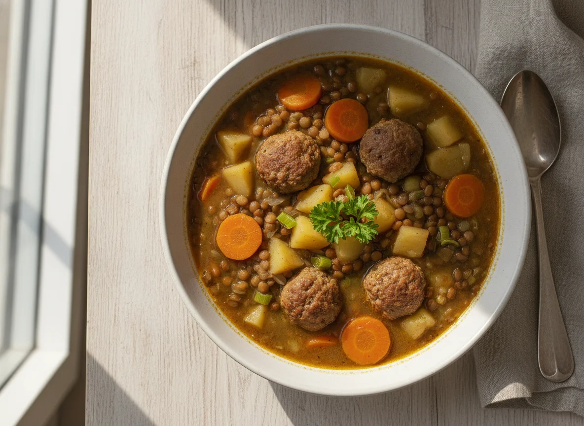 Linseneintopf mit Kartoffeln und Fleischklößchen photo