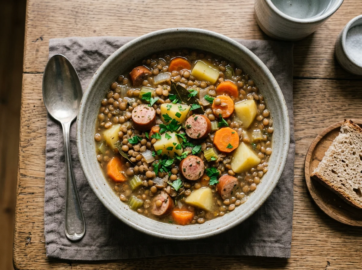 Linseneintopf mit Kartoffeln und Karotten photo