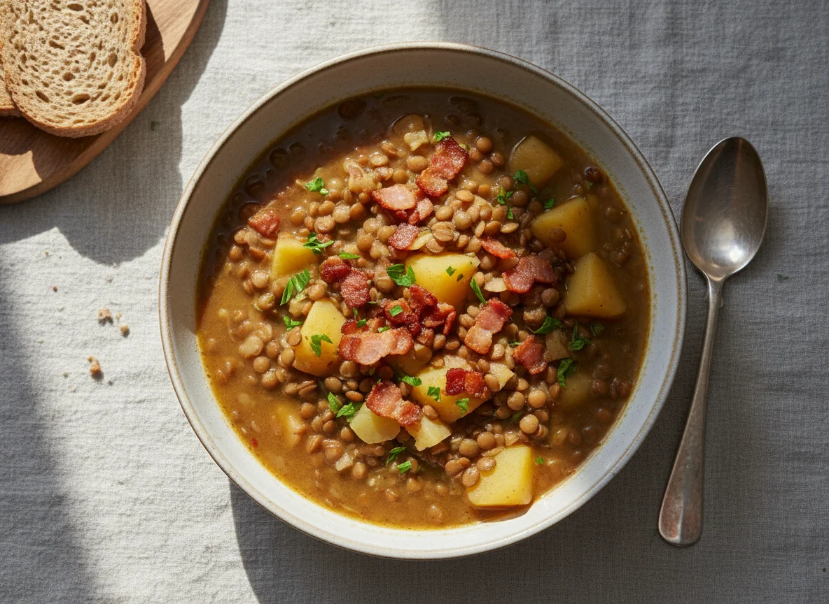 Linseneintopf mit Kartoffeln und Speck photo