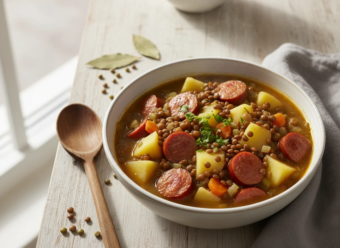 Linseneintopf mit Kartoffeln und Würstchen photo