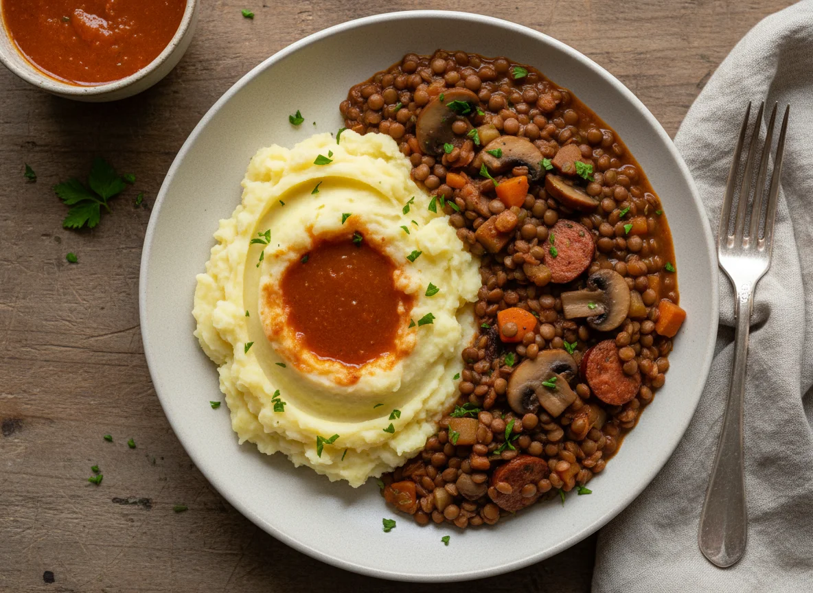 Linseneintopf mit Kartoffelstampf photo