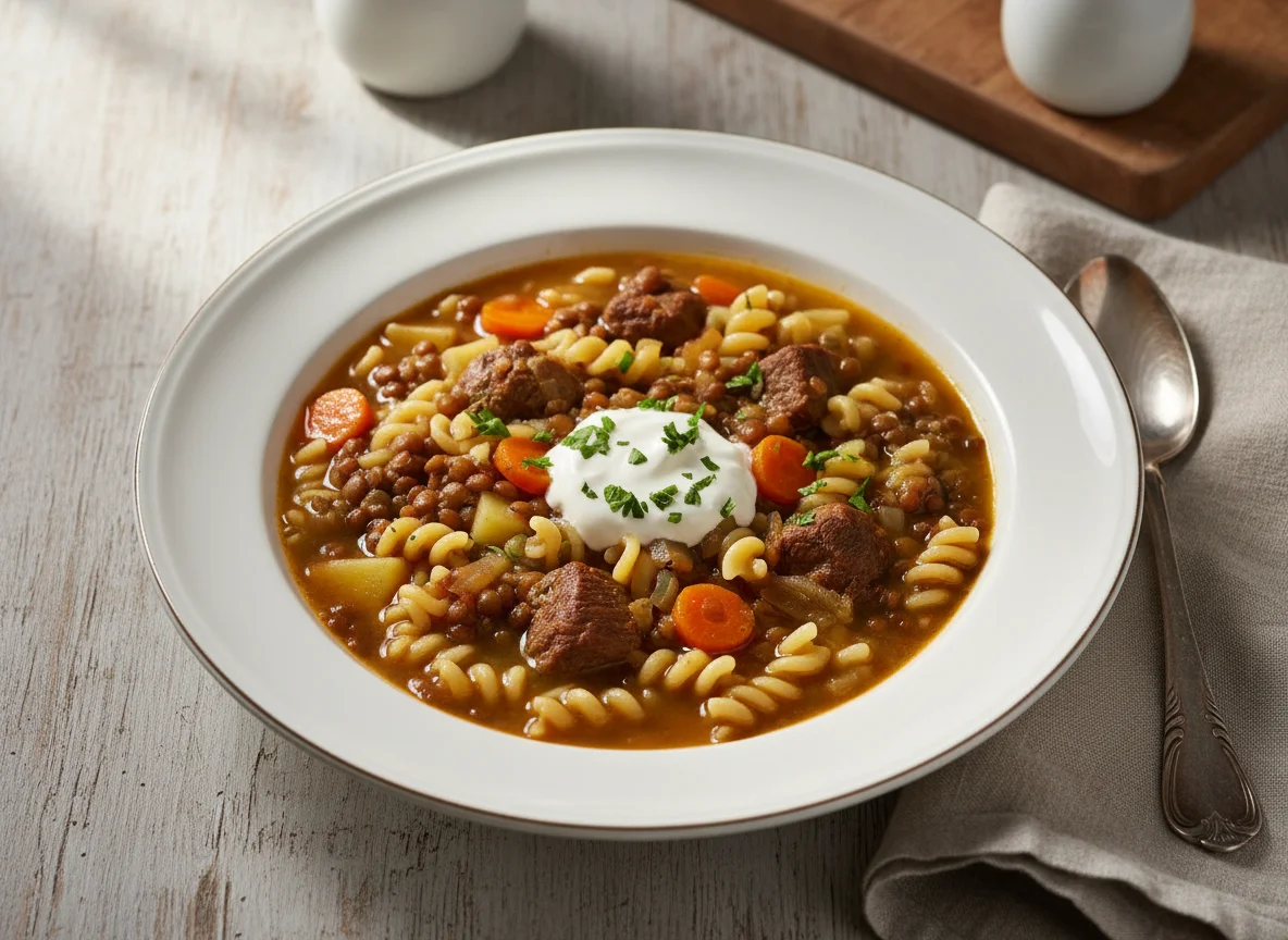 Linseneintopf mit Rindfleisch und Nudeln photo