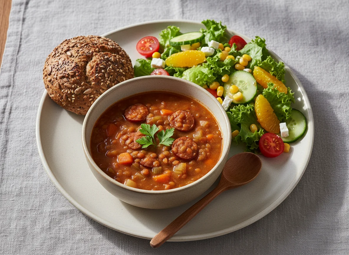 Linseneintopf mit Salat und Brötchen photo