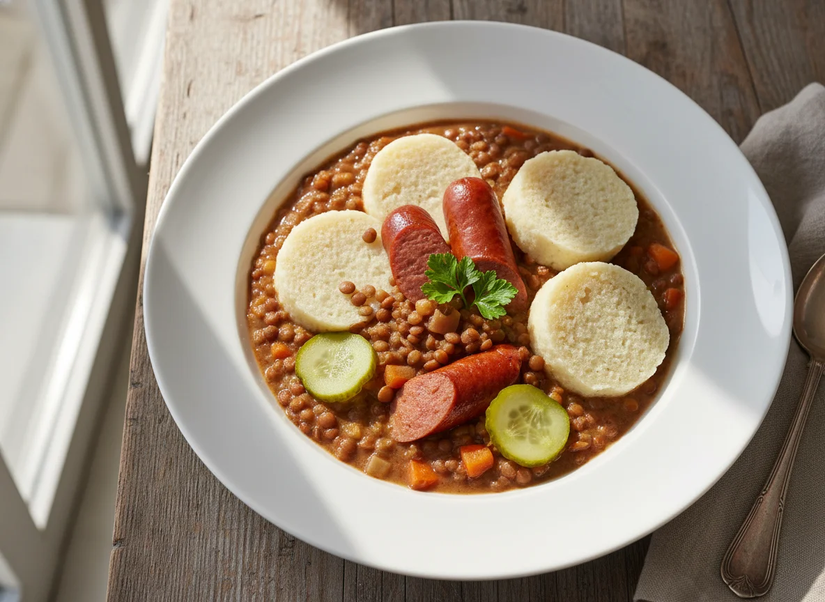 Linseneintopf mit Semmelknödel und Frankfurter photo