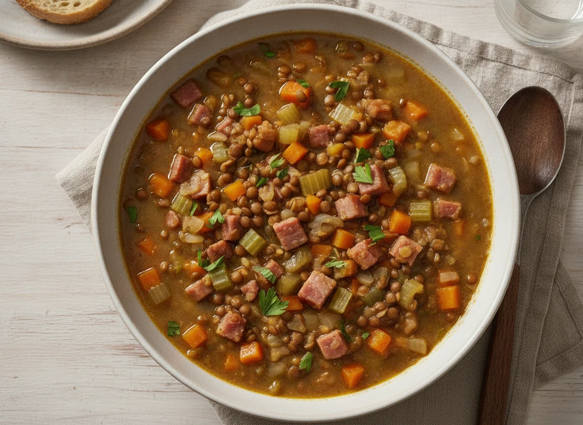 Linseneintopf mit Speck und Gemüse photo