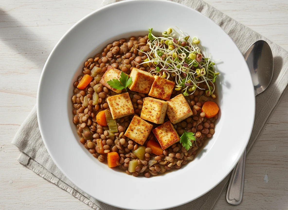 Linseneintopf mit Tofu und Sprossen photo